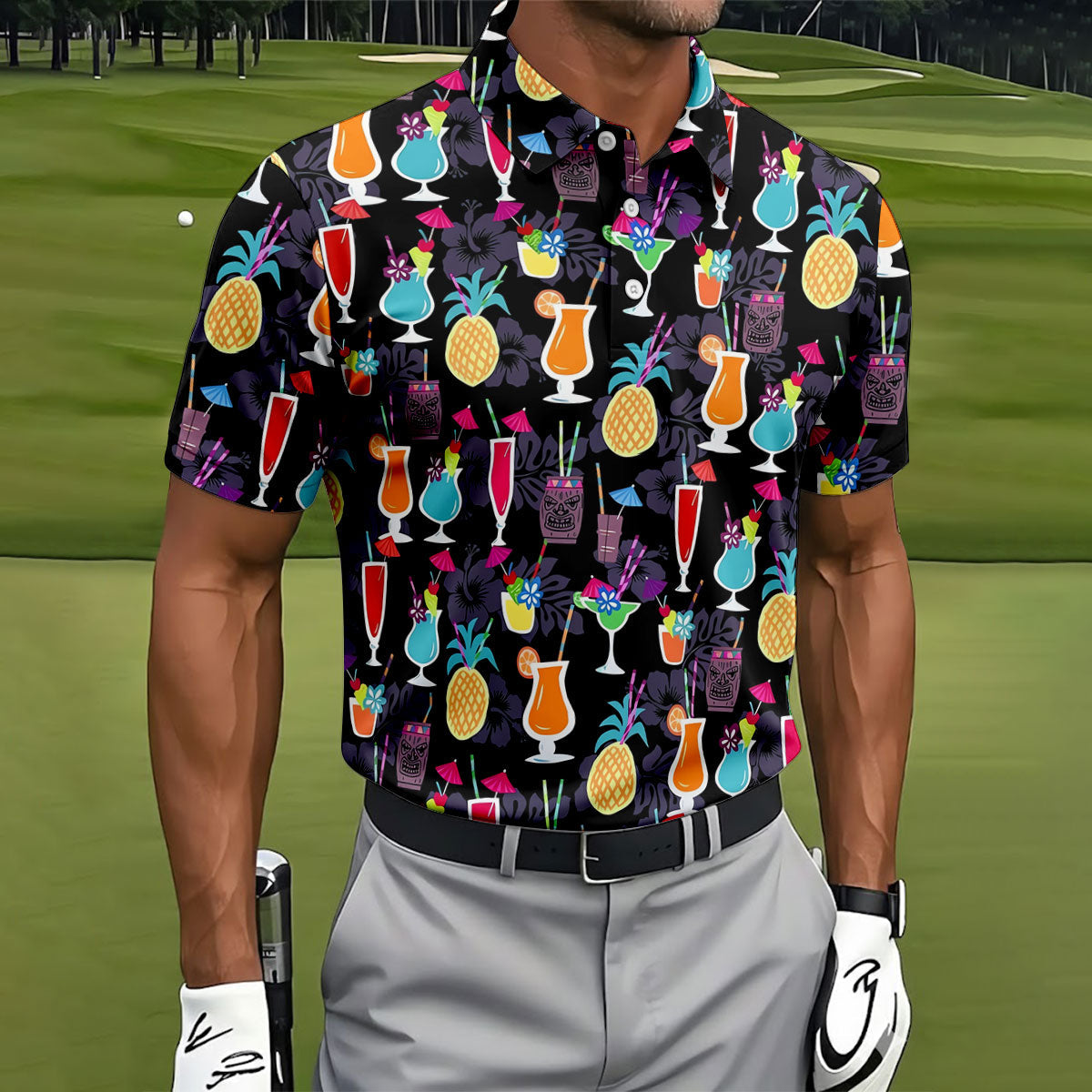 Tropical Drinks Dark Floral Cinco De Mayo Celebration Fiesta Themed Golf Tops For Men, Golf Shirts For Men