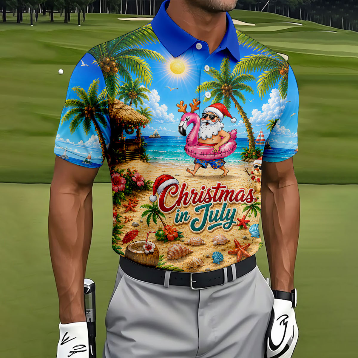 Santa Christmas In July Beach Golf Shirt, Christmas Golf Shirt, Golf Apparel For Men