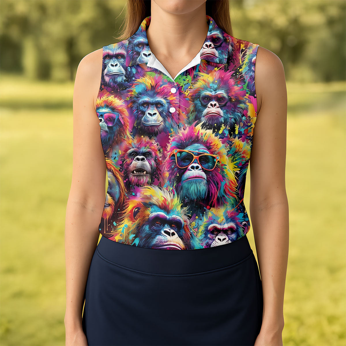 Street Art Style Cool Gorilla Hawaiian Golf Shirt, Tropical Theme Golf Shirt For Women