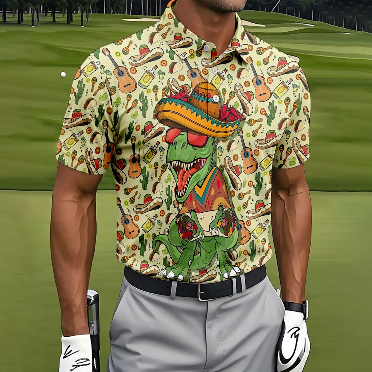 Mexican T-Rex Cinco De Mayo Celebration Funny Golf Shirt, Vibrant Color Golf Shirts For Men