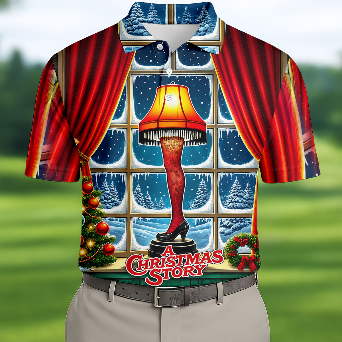 Funny Christmas Leg Lamp Window Golf Polo Shirt, Mens Golf Polo, Golf Apparel For Men
