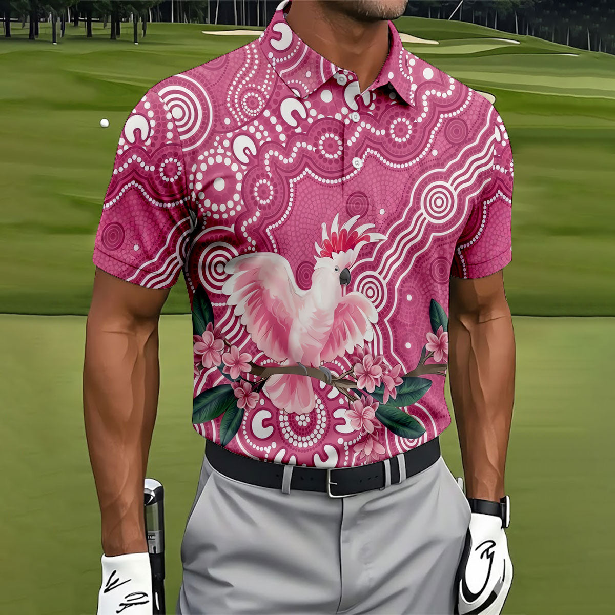 Pink Cockatoo Floral Aboriginal Art Polo Shirt, Hawaiian Golf Shirt, Mens Golf Shirts