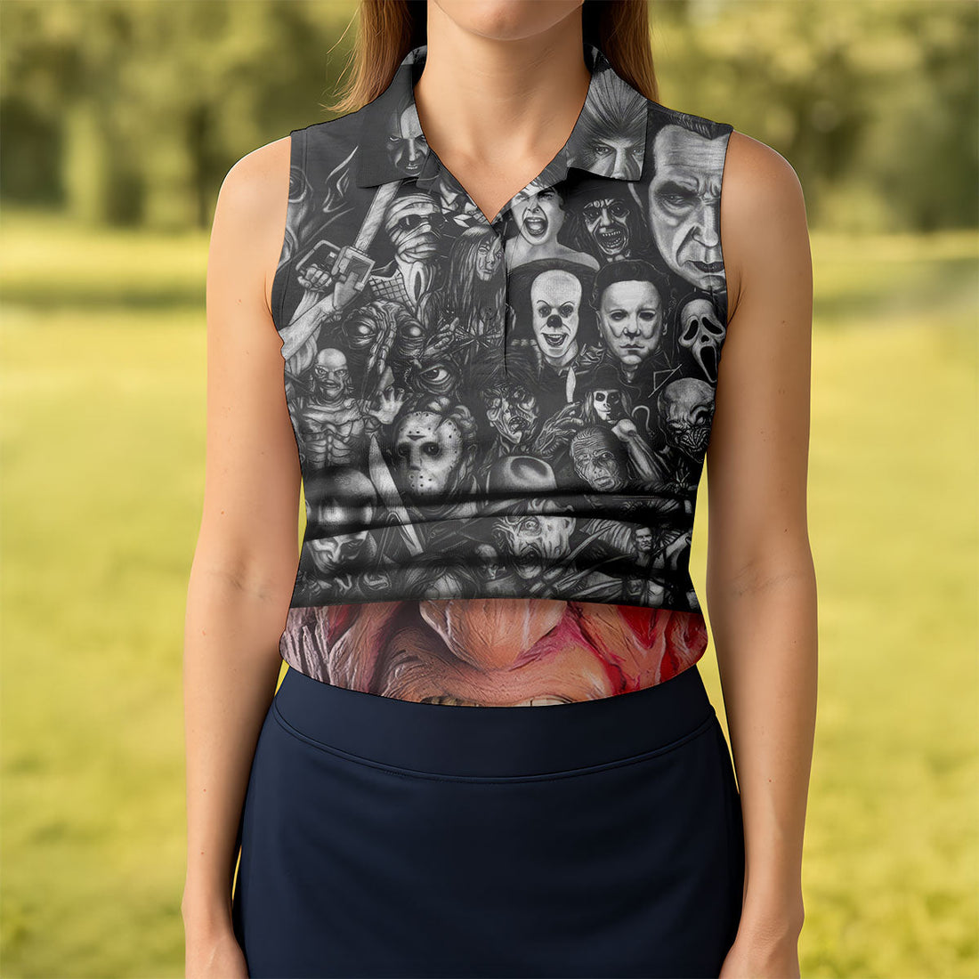 Burned Face Horror Character Halloween Polo Shirt, Womens Golf Tops, Printed Golf Shirt