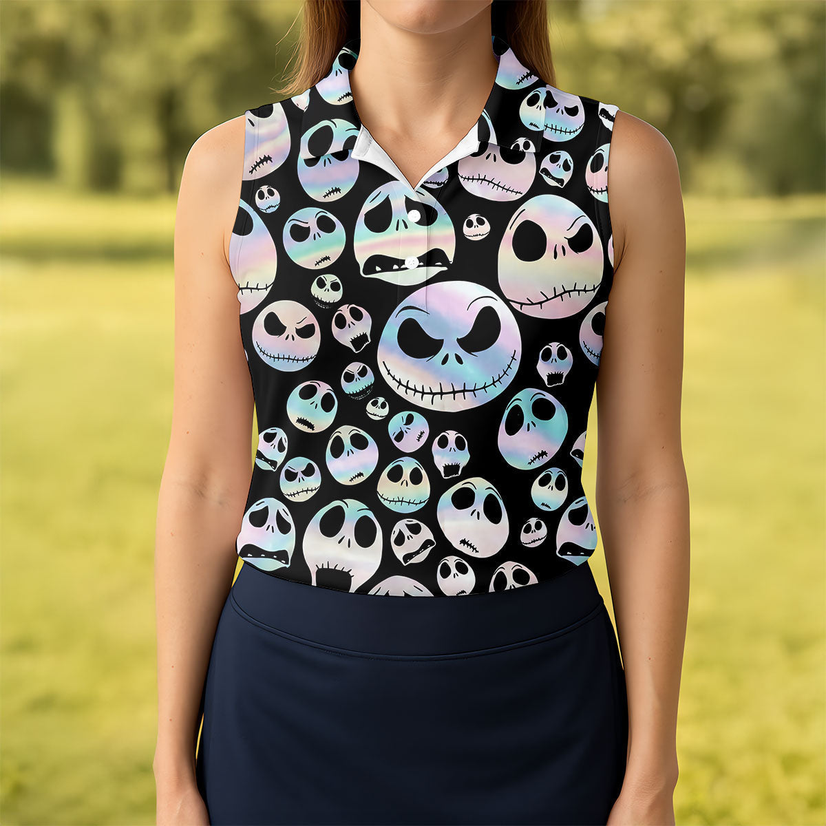 Black Horror Character Skull Face Pattern Golf Polo Shirt, Ladies Golf Shirts, Womens Golf Tops