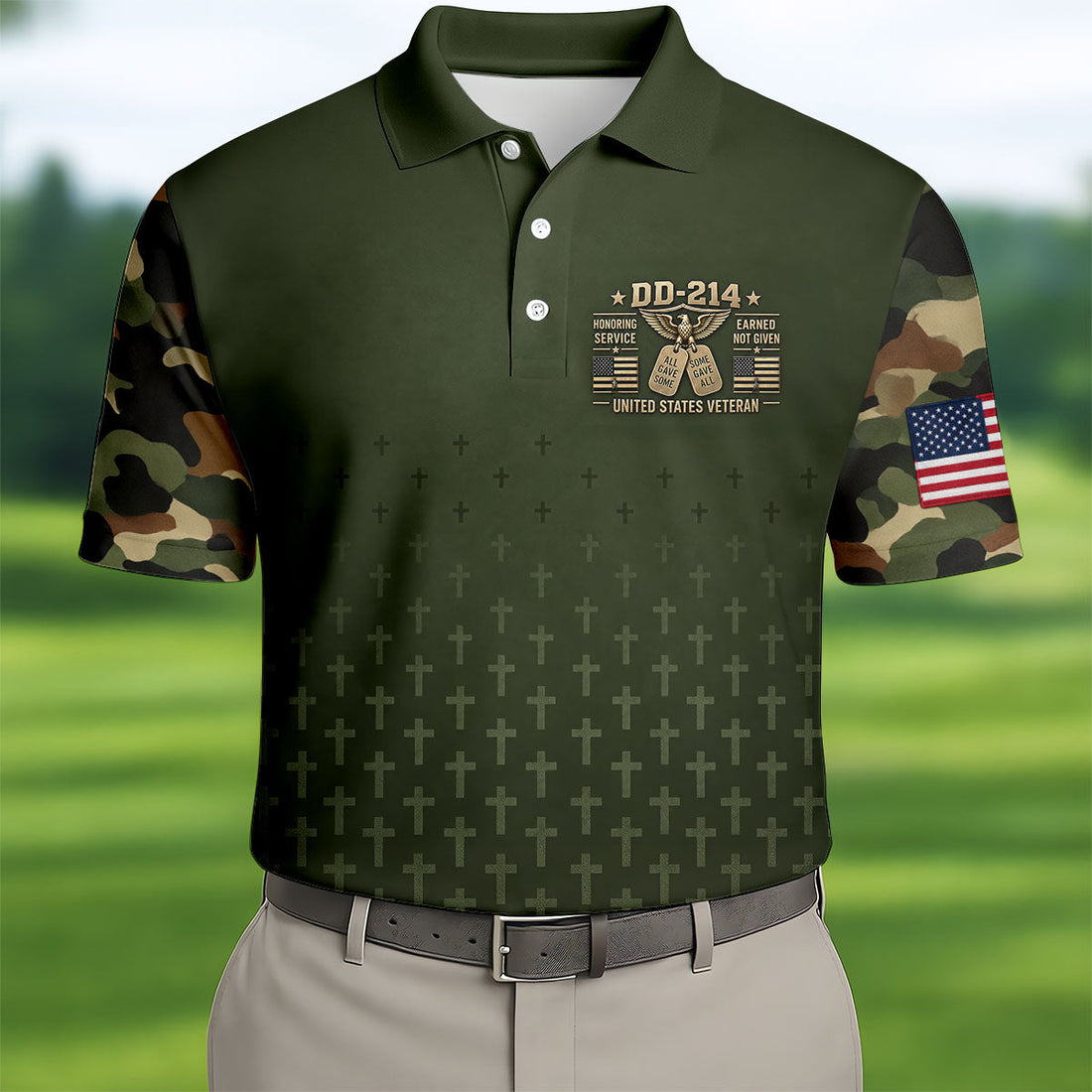 DD-214 Olive Green Cross Camo Polo Shirt, Veterans Day Shirt, Golf Shirts For Men