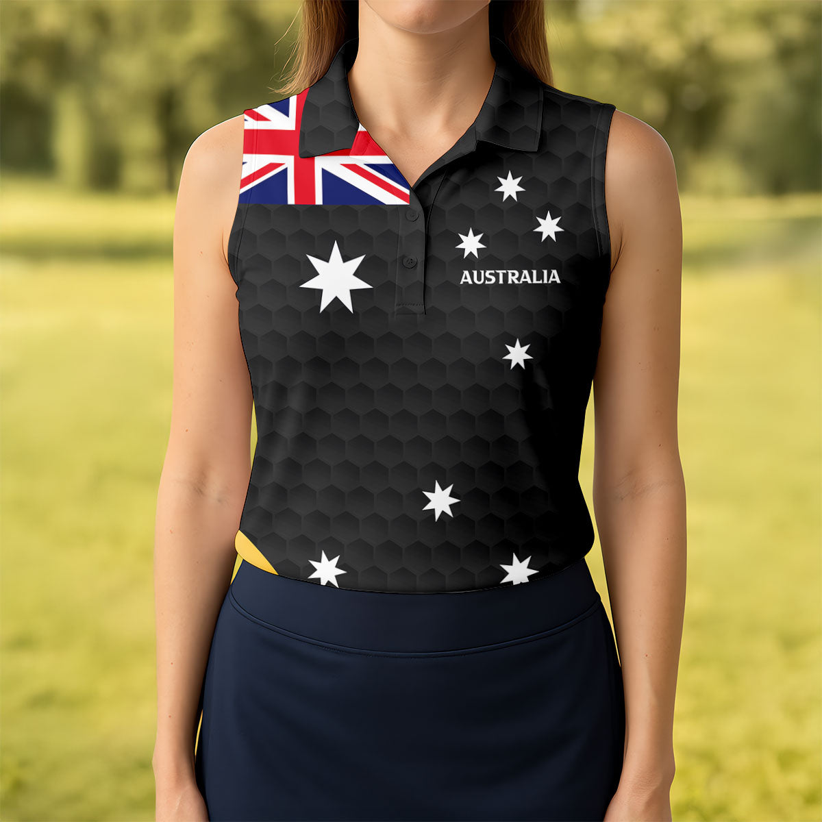 Australia Flag Print Golf Ball Pattern Black Golf Shirt, Australian Symbol Golf Shirt For Women