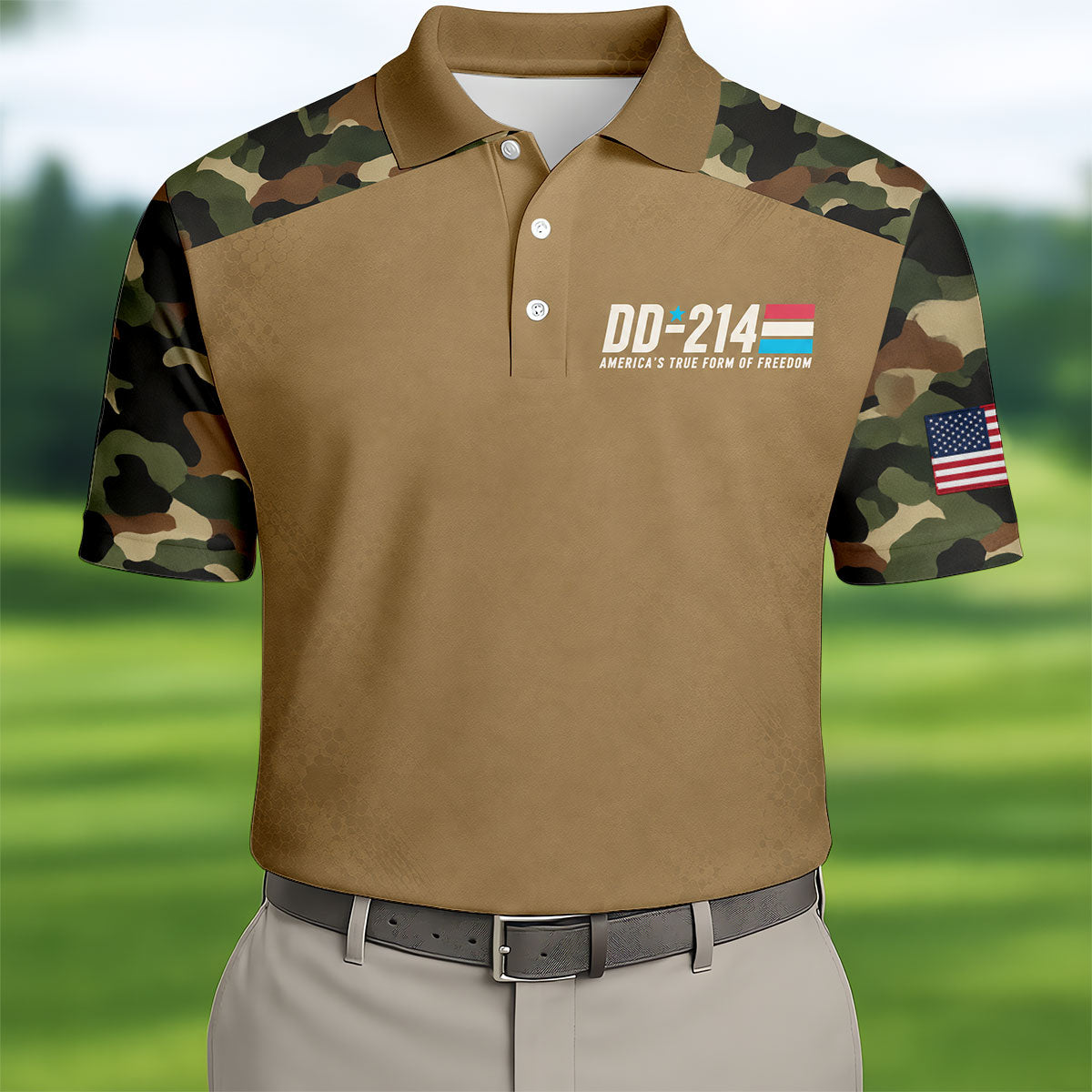 DD-214 Tan Military Camo Freedom Polo Shirt, Veterans Day Shirt, Golf Shirts For Men