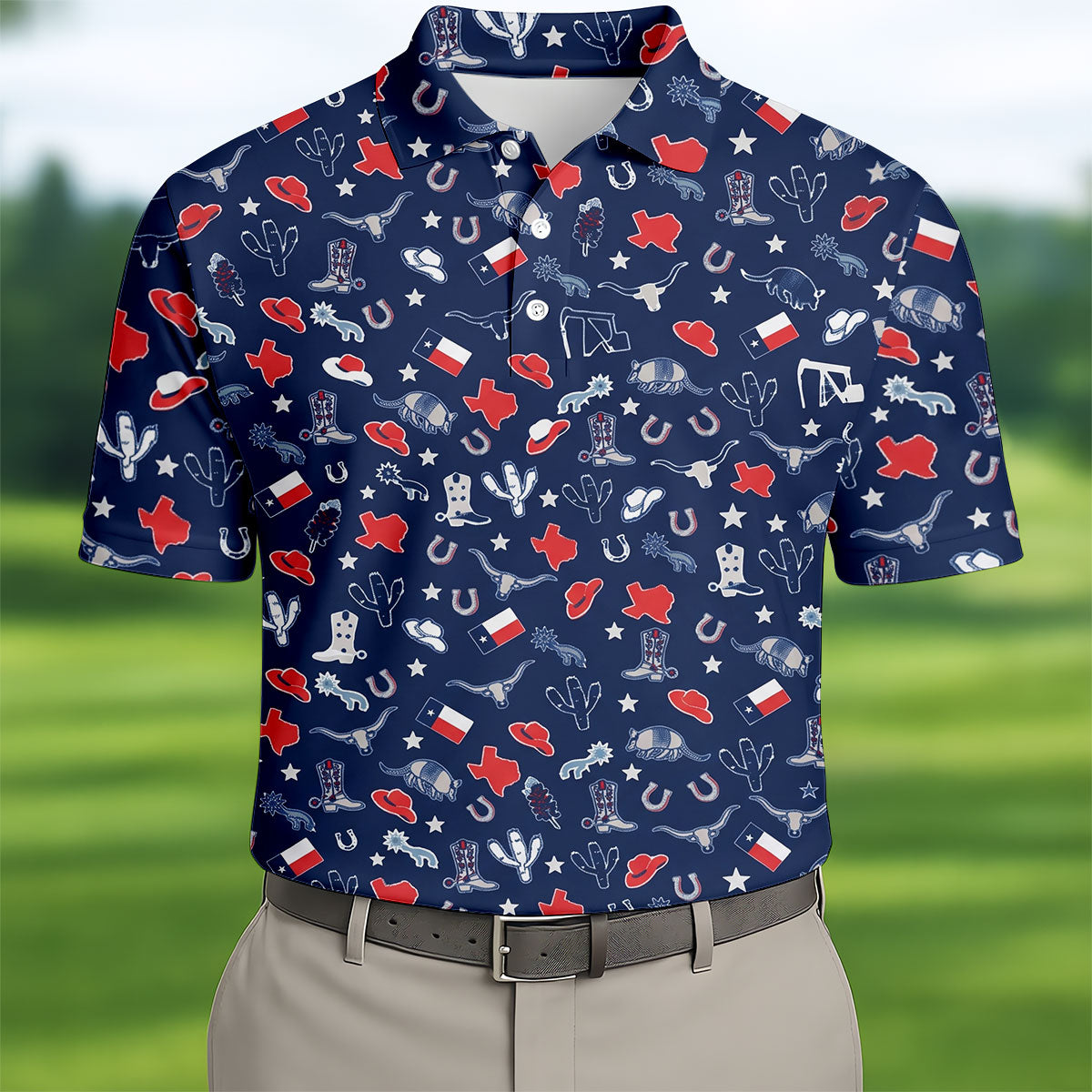 Navy Texas Western Pattern Golf Polo Shirt, Mens Golf Shirts, Hawaiian Golf Shirt