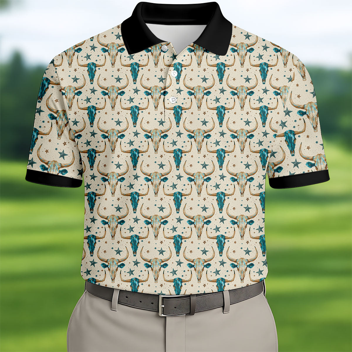Cow Skulls Turquoise And Beige Western Theme Golf Tops For Men, Polo Shirts For Men, Golf Shirts For Men