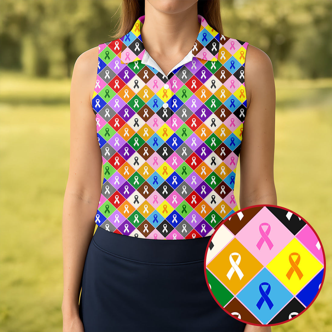 Colorful Awareness Ribbon Breast Cancer Golf Polo, Womens Golf Tops, Ladies Golf Shirts