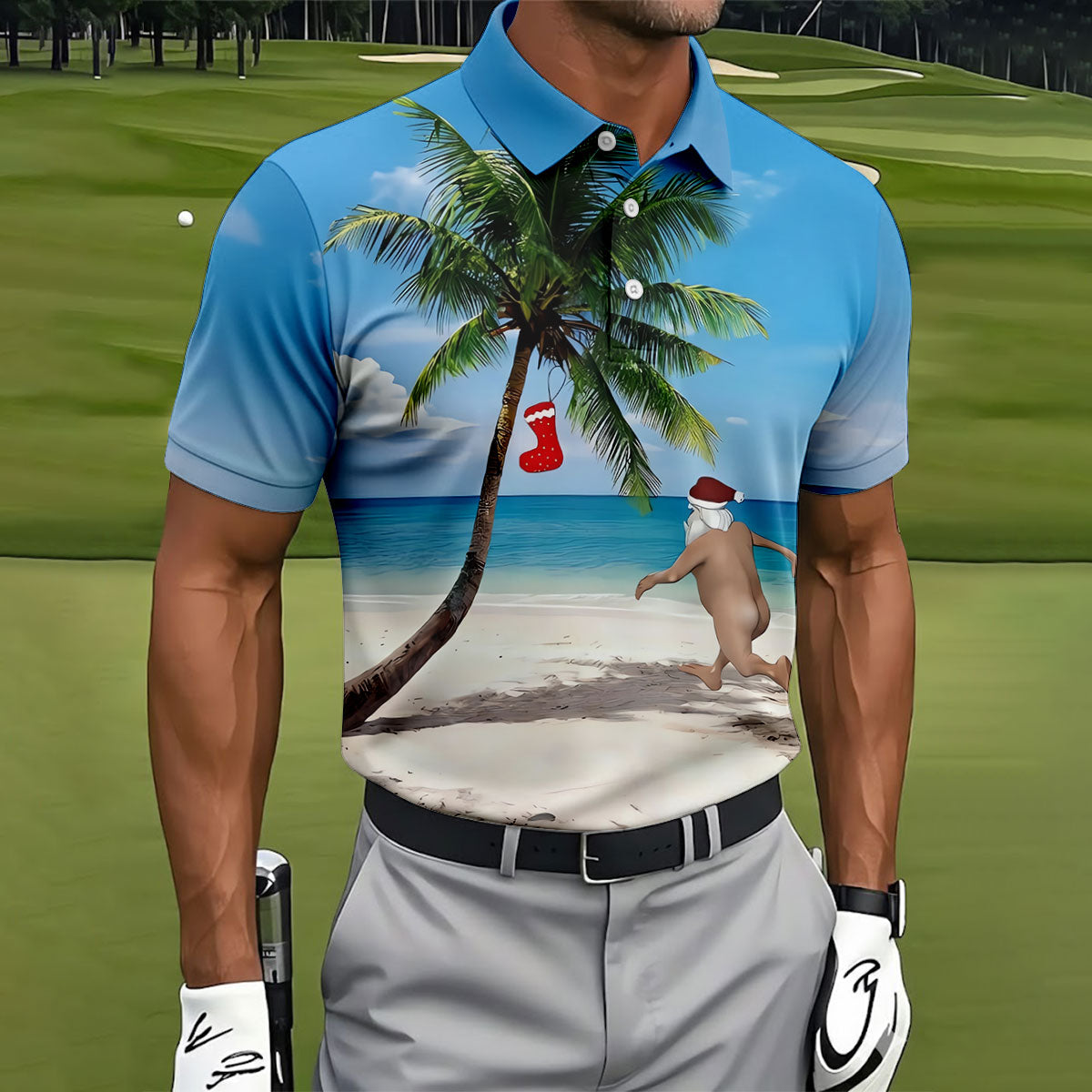 Funny Santa Running On Tropical Beach Christmas Golf Shirt, Men's Golf Shirt, Hawaiian Golf Shirt