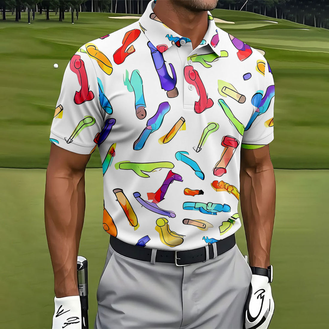 Adult Humor Retro Golf Shirt, Colorful Funny Men's Polo Shirt, Unique Novelty Golf Apparel
