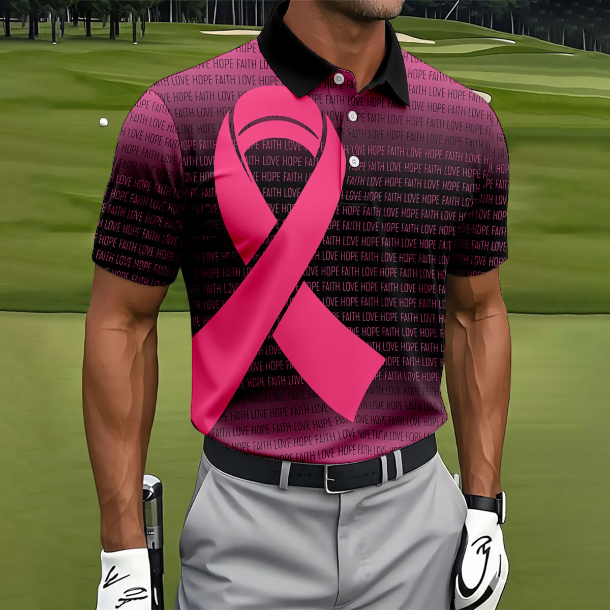 Faith Love Hope Pink Ribbon Breast Cancer Polo Shirt, Men's Golf Shirt, Mens Golf Apparel