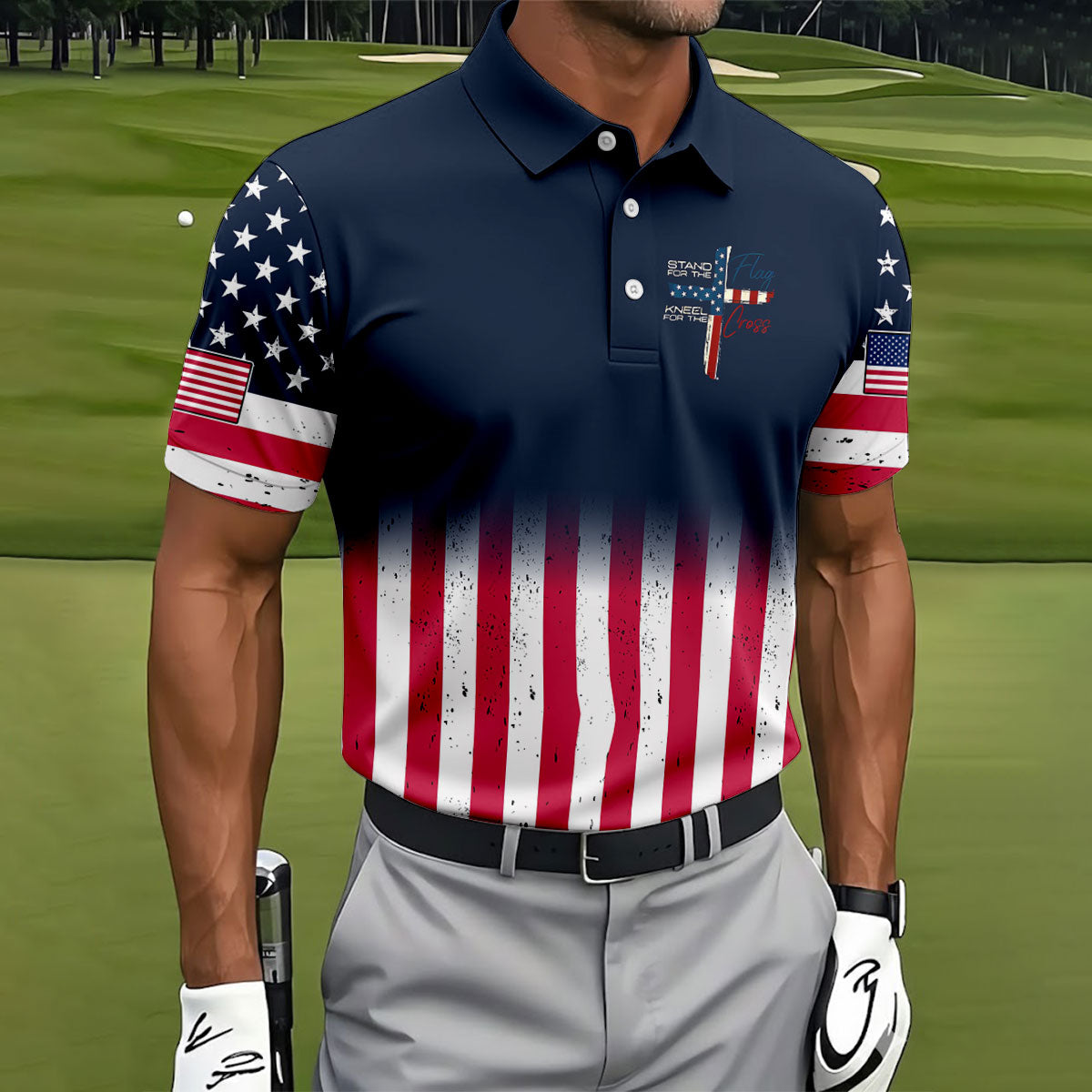 Stand For The Flag Kneel For The Cross Patriotic Golf Shirt, 250 Years 4th Of July Golf Shirts For Men