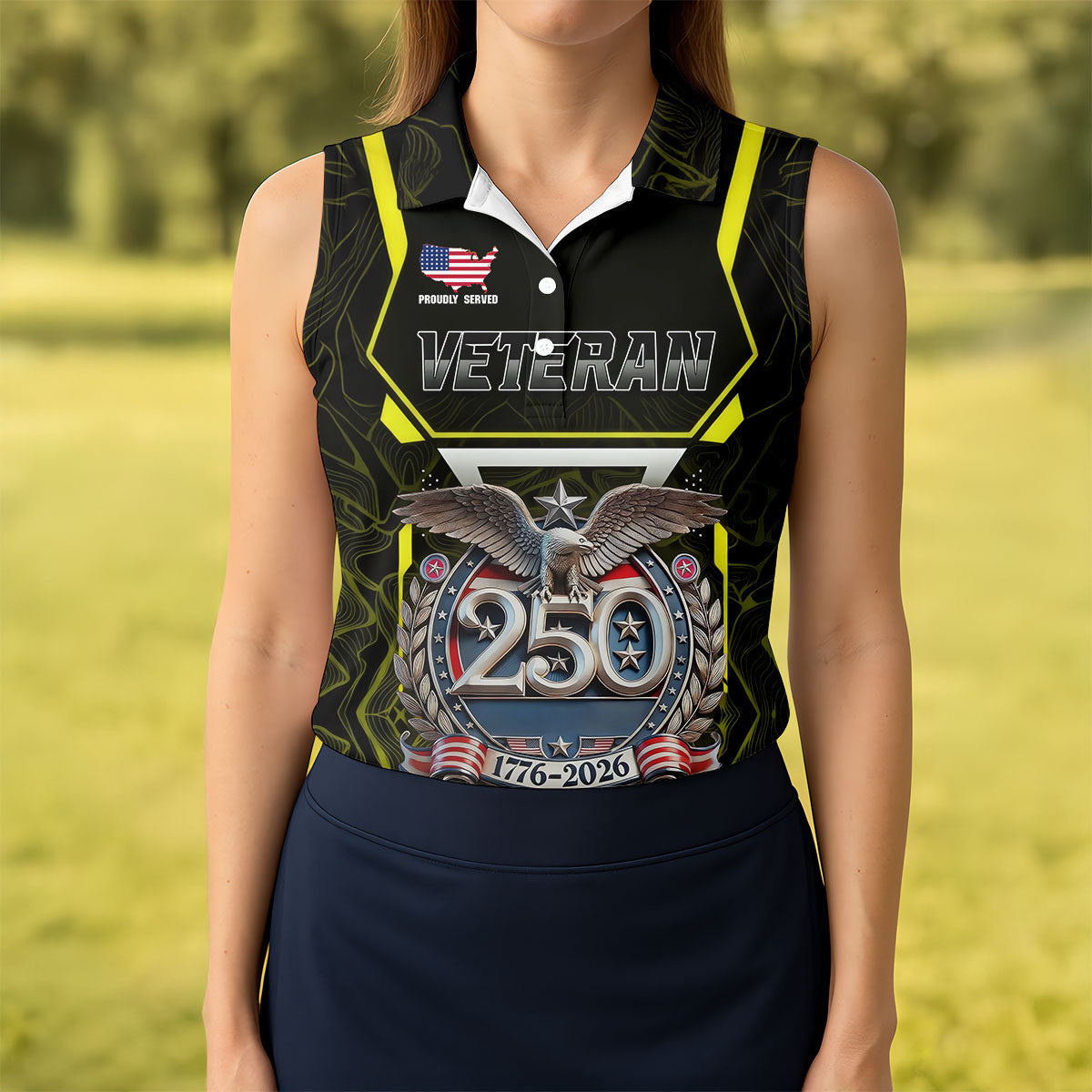 Personalized Veteran America 250 Polo Shirt Yellow Accent, Golf Shirts For Women, Women’s Golf Apparel