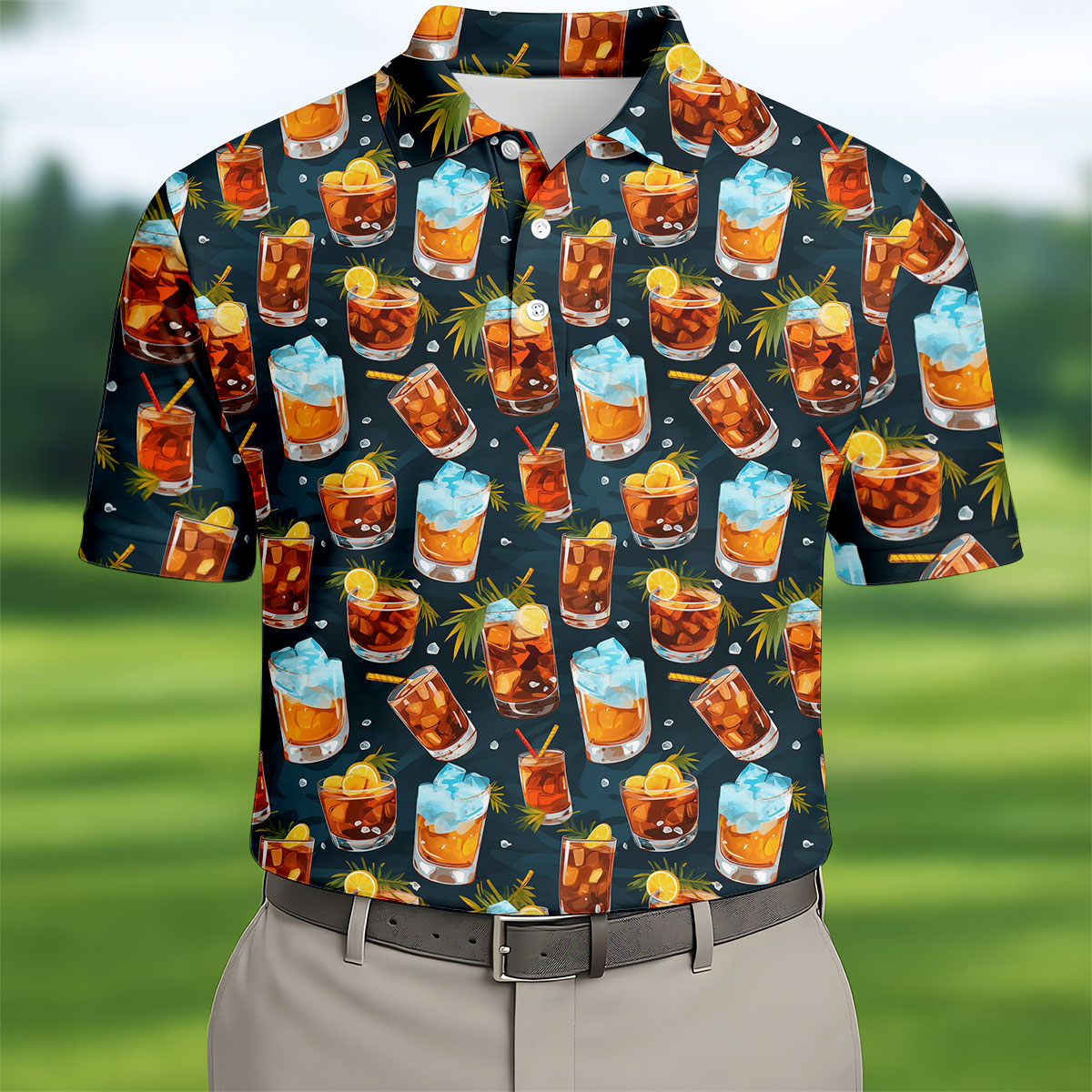 Summer Cocktail Pattern Hawaiian Golf Shirt, Mens Golf Apparel, Golf Polo Shirts For Men