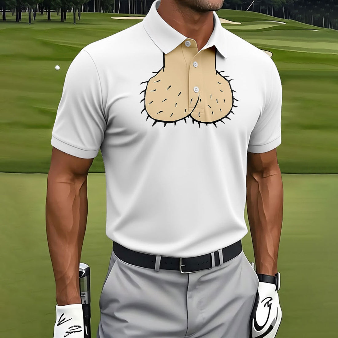 White Funny Dickhead Faux Chest Golf Shirt, Adult Gag Gift Shirt, Rude Humor Shirt