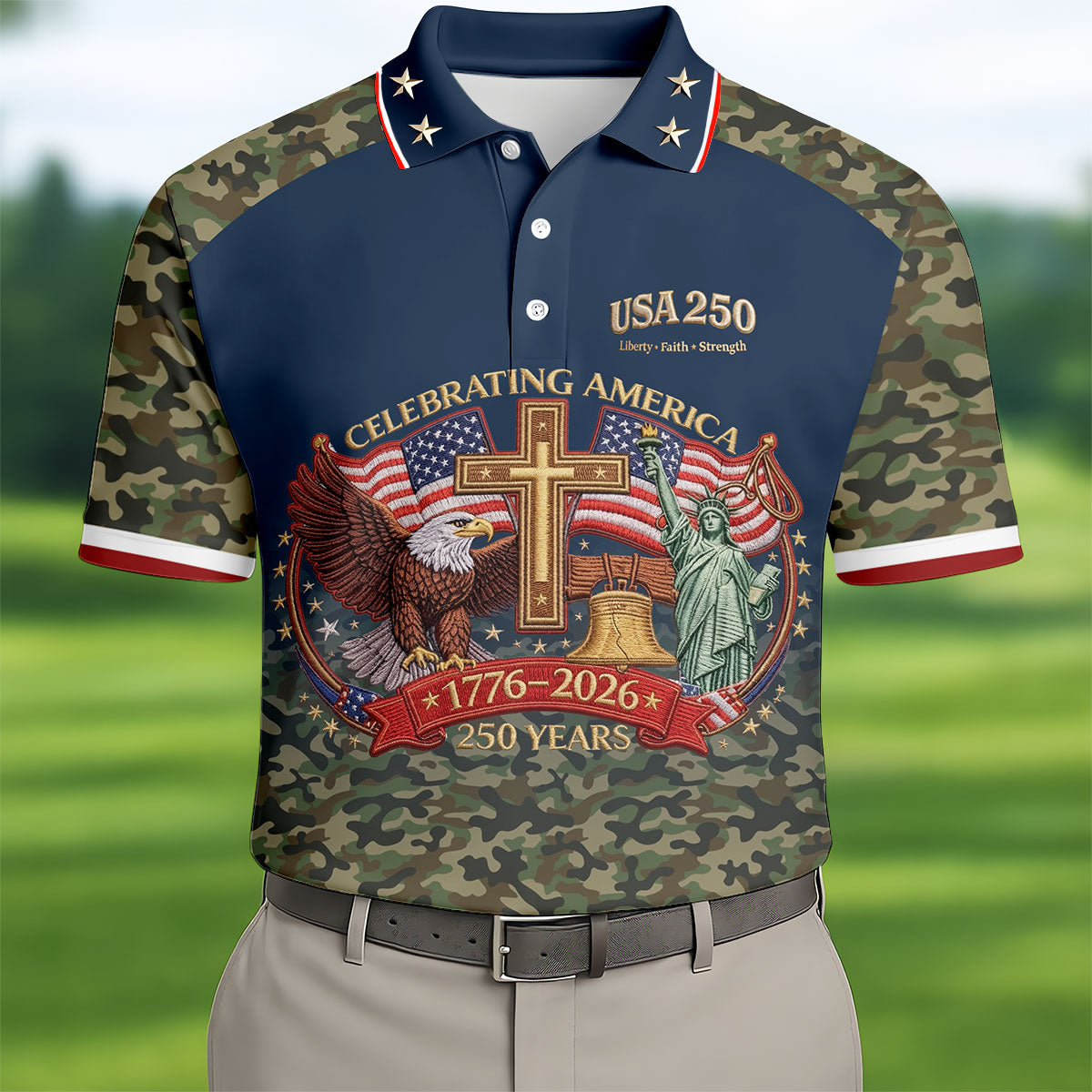 Liberty Faith Strength Faith Cross USA 250 Navy Camo Golf Shirt, 4th Of July Golf Shirts For Men
