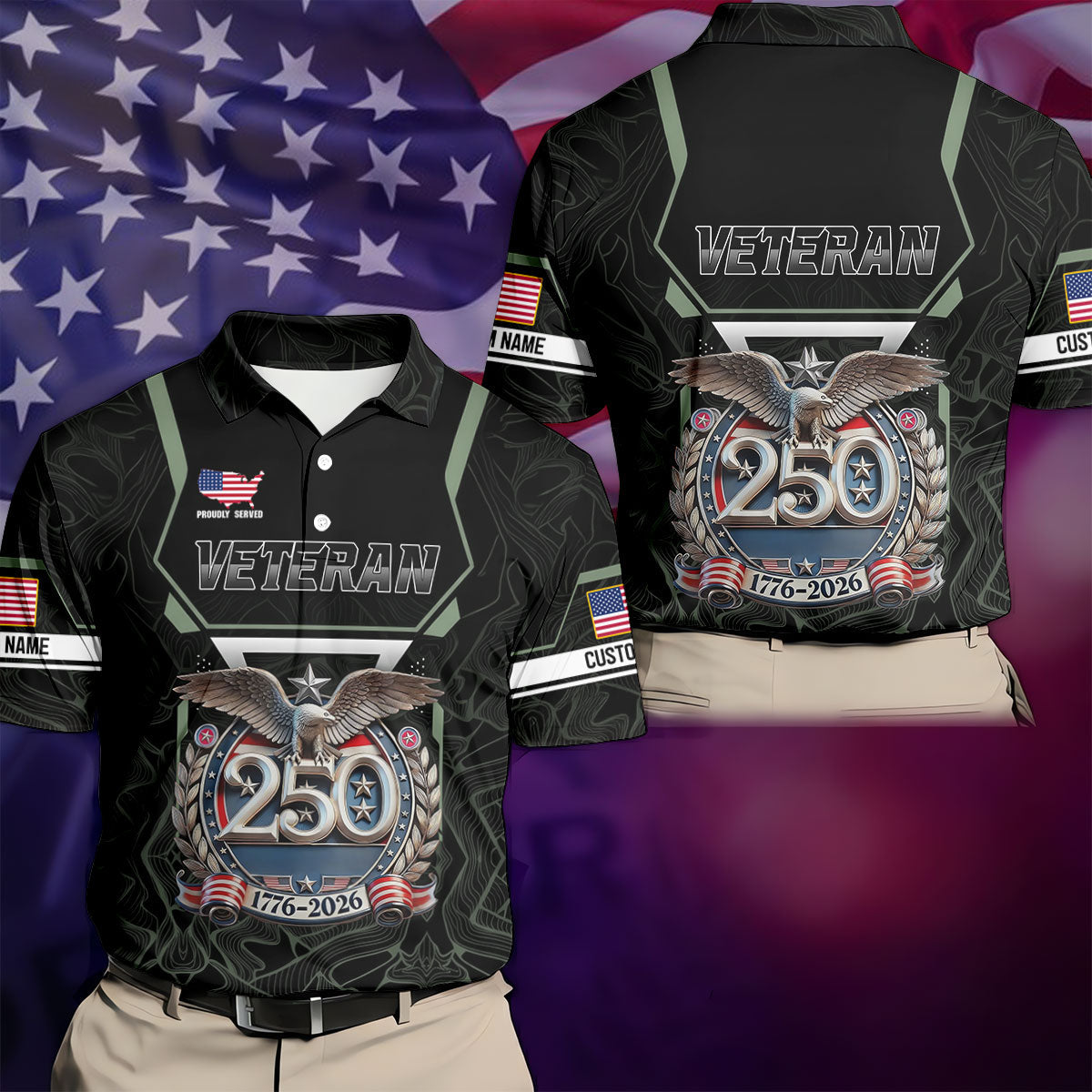Personalized Veteran America 250 Polo Shirt Gray Accent, Golf Polo Shirts For Men, Mens Golf Shirts