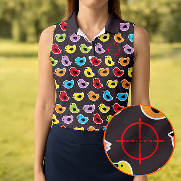 Black Colorful Birdie Hunting Golf Polo Shirt, Women's Golf Polo, Ladies Golf Top