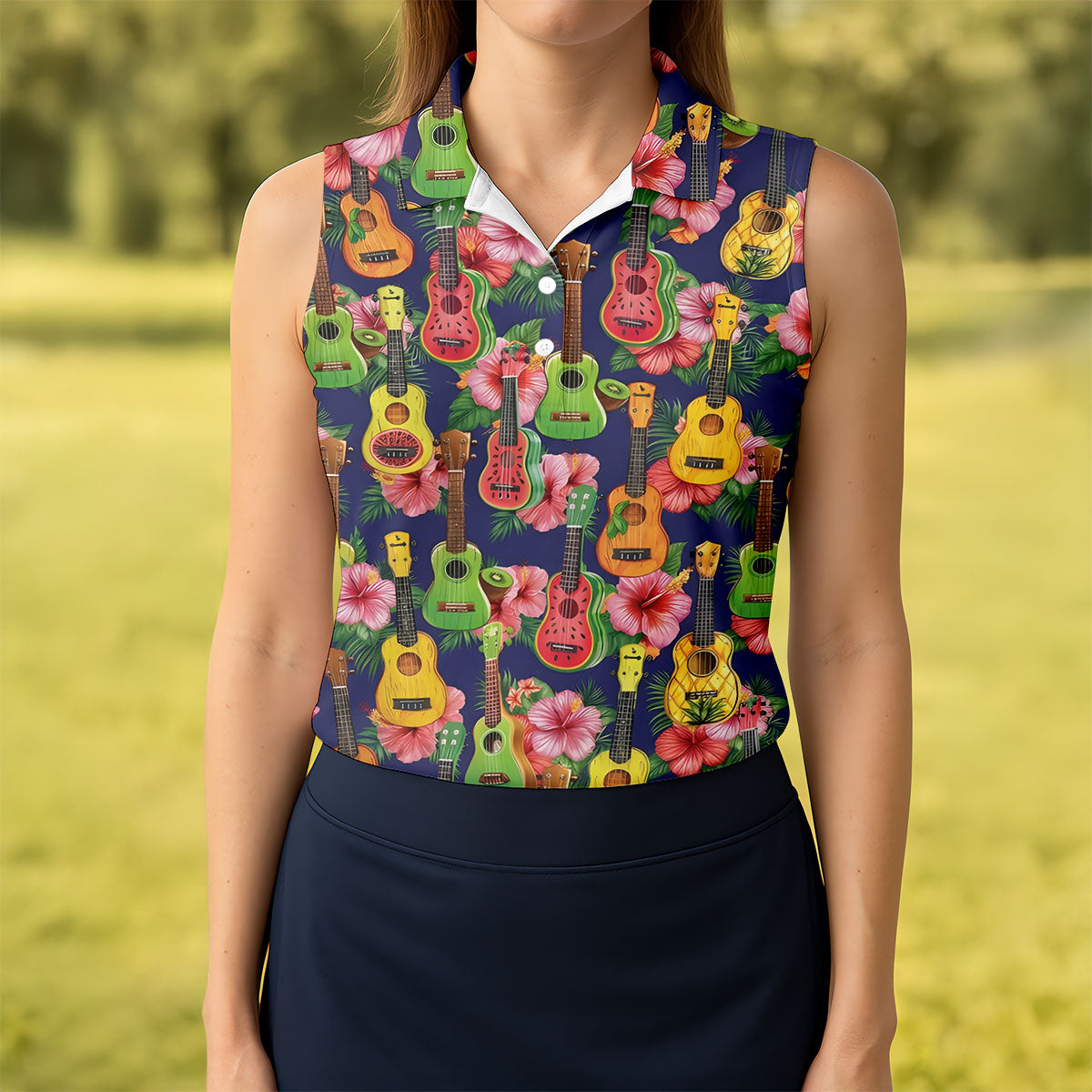 Tropical Ukulele Fruit Pattern 250 Retro Golf Shirt, Hawaiian Vibe Golf Shirt For Women