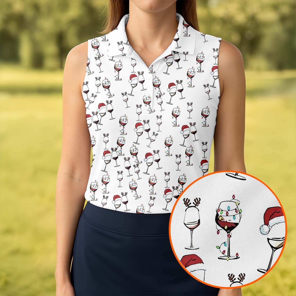 Christmas Wine Glass With Colorful Lighting White Golf Shirt, Christmas Golf Shirt, Women's Golf Tops
