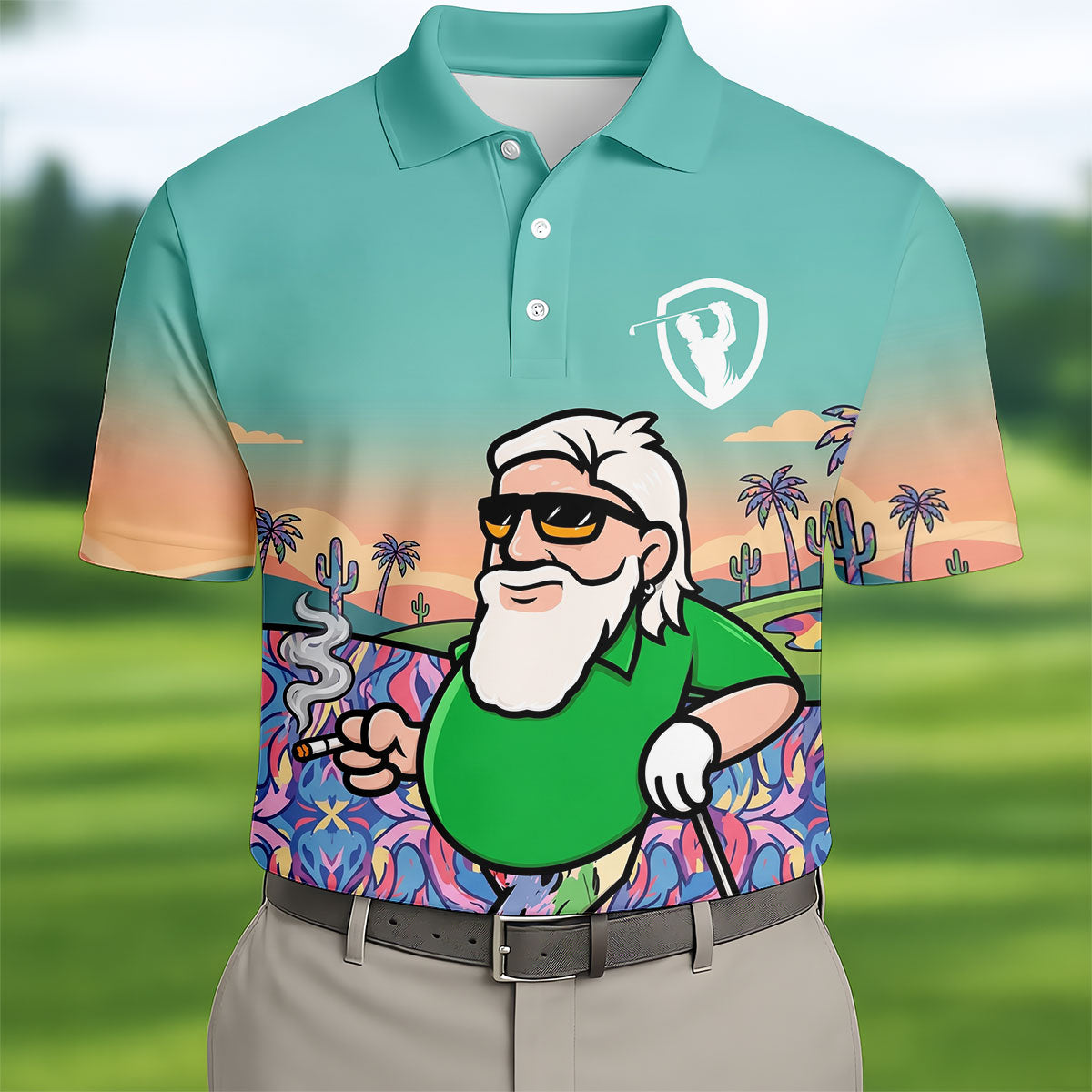 Retro Desert Bearded Golfer Men's Golf Shirt, Hawaiian Golf Shirt, Mens Golf Apparel