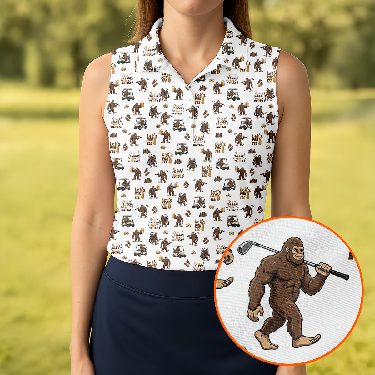 Let's Par Tee Bigfoot Golf Pattern Women's Golf Tops, Golf Shirts For Women, Women’s Golf Apparel