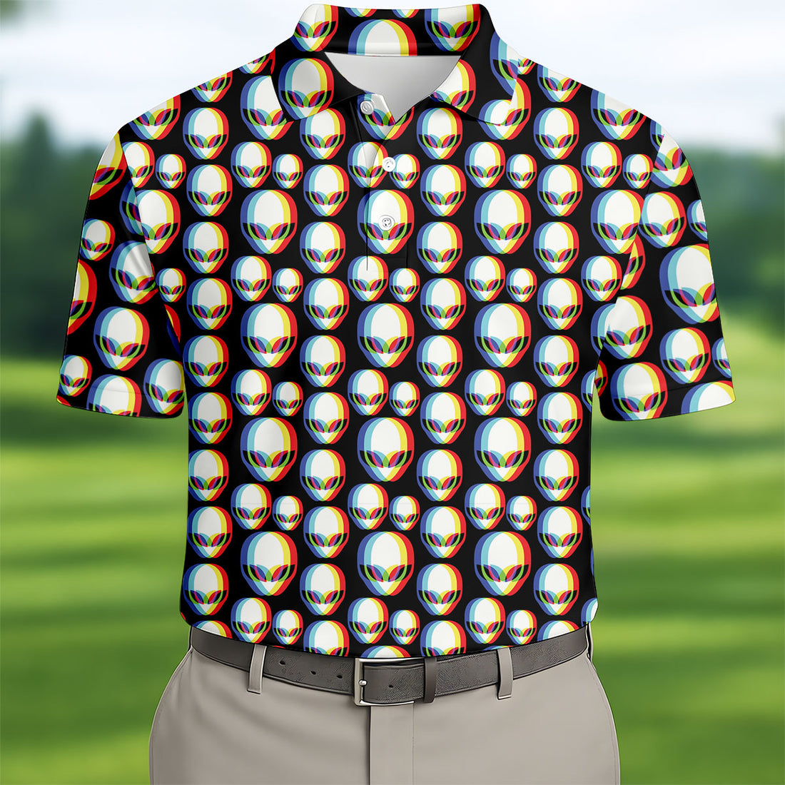 Retro Alien Golf Shirt, Black UFO Pattern Men's Golf Polo, Polo Shirts For Men