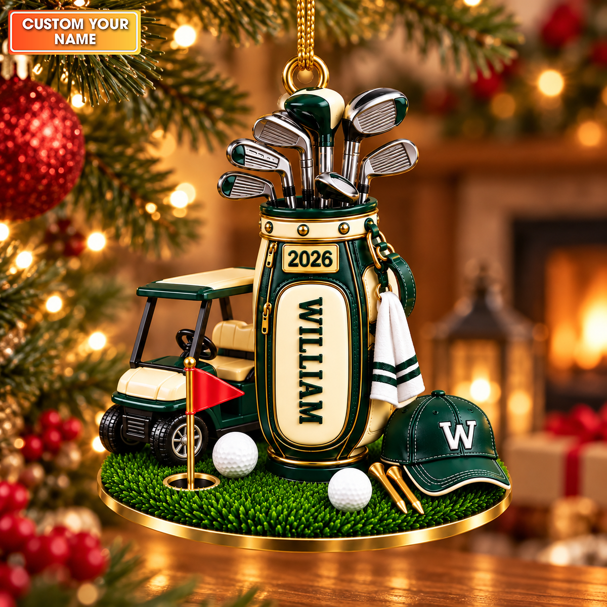 Custom Name Golf Bag Cart Acrylic Ornament, Golf Christmas Gifts, Holiday Decorations