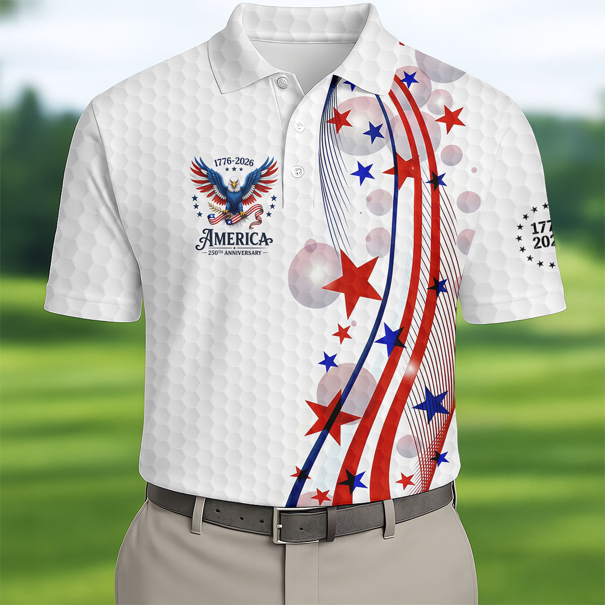 Red White Blue Wavy Stripes Bald Eagle Logo Patriotic 4th Of July Golf Shirt, 250 Years Golf Shirts For Men