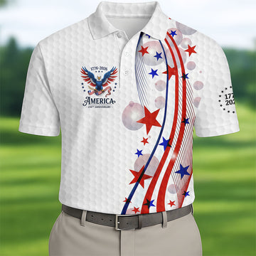 Red White Blue Wavy Stripes Bald Eagle Logo Patriotic 4th Of July Golf Shirt, 250 Years Golf Shirts For Men