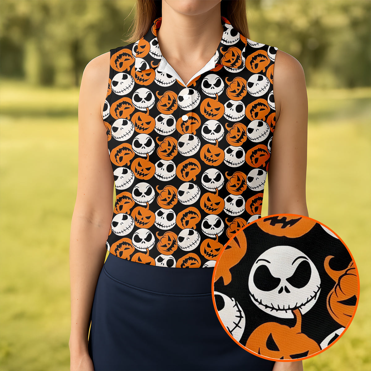 Halloween Skull Pumpkin Pattern Golf Polo Shirt, Ladies Golf Tops, Golf Shirts For Women