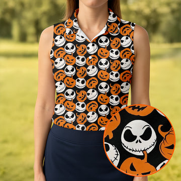 Halloween Skull Pumpkin Pattern Golf Polo Shirt, Ladies Golf Tops, Golf Shirts For Women