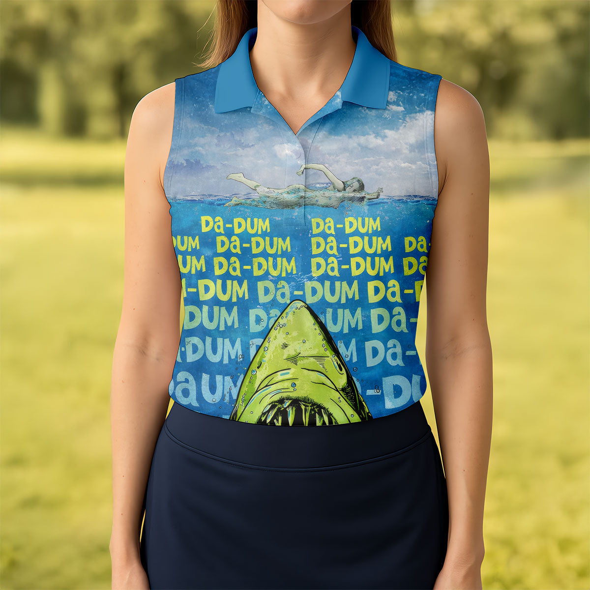 Funny Shark Da Dum Ocean Attack Golf Polo Shirt, Golf Shirts For Women, Women's Golf Apparel