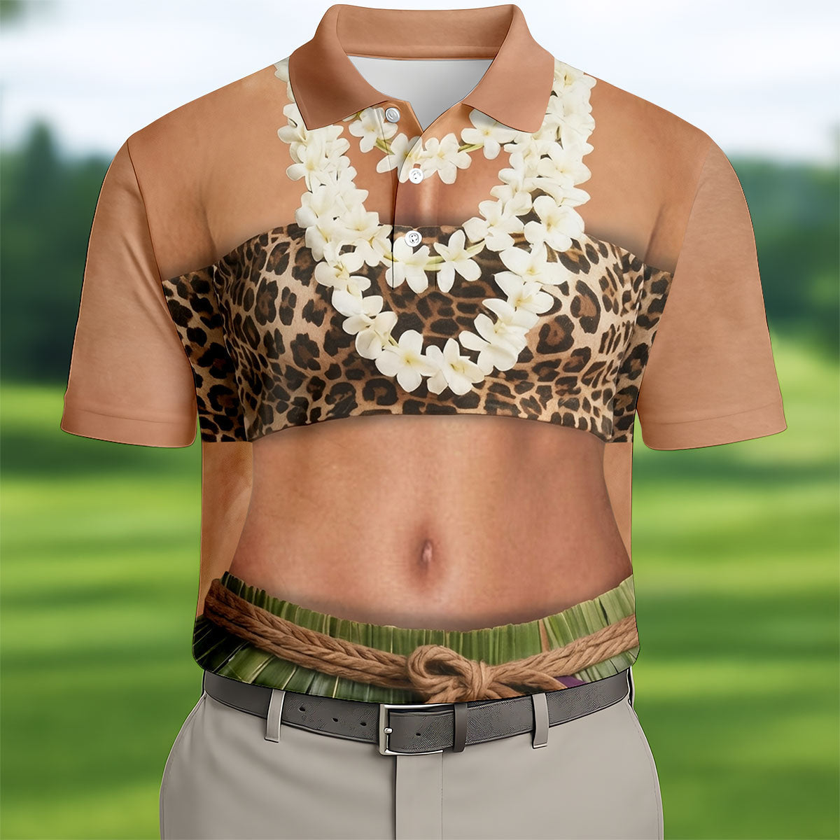 Floral Lei Tropical Theme Party Leopard Print Hawaiian Golf Shirt, Polo Shirts For Men