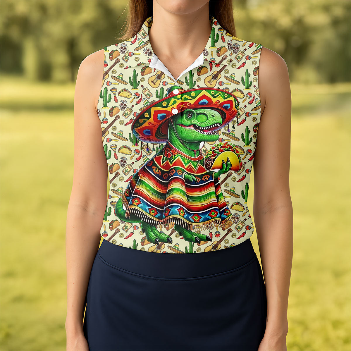 Dinosaur Taco Fiesta Time Ladies Golf Tops, Cinco De Mayo Celebration Golf Shirt For Women