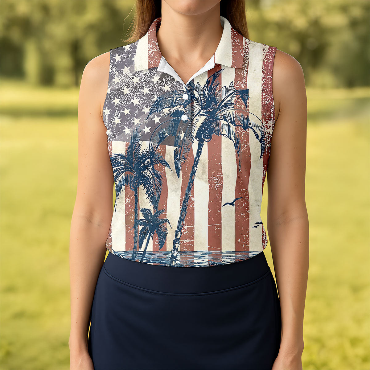 Hawaiian Theme Distressed US Flag Patriotic Golf Shirt, 250 Years 4th Of July Golf Shirt For Women