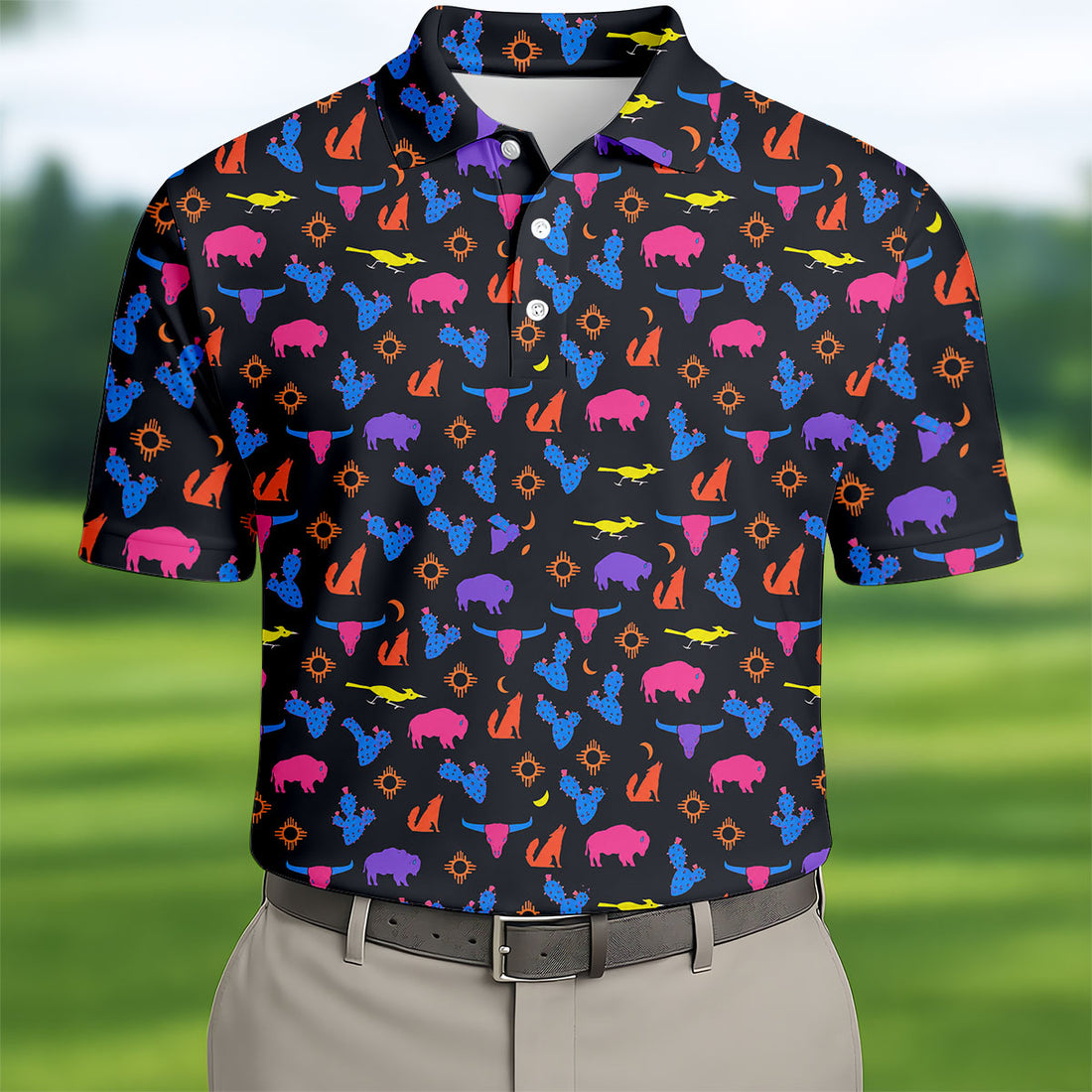 Neon Desert Cactus Buffalo Hawaiian Golf Shirt, Mens Golf Polo, Printed Golf Shirts