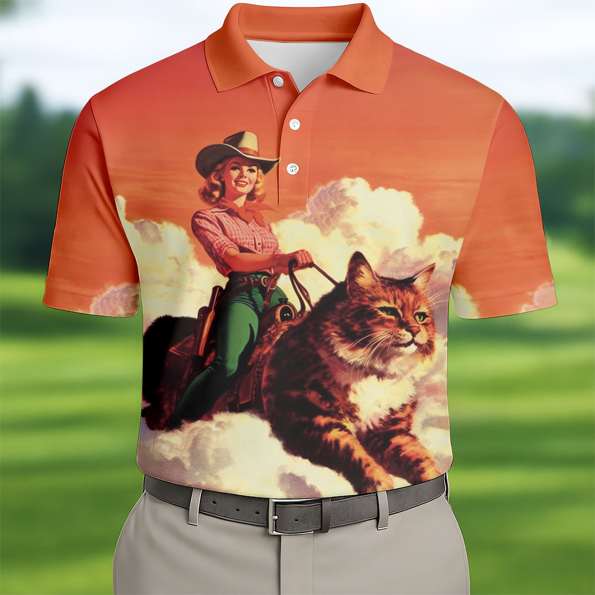 Orange Vintage Cowgirl Riding Giant Cat Golf Polo Shirt, Golf Shirts For Men, Hawaiian Golf Shirt