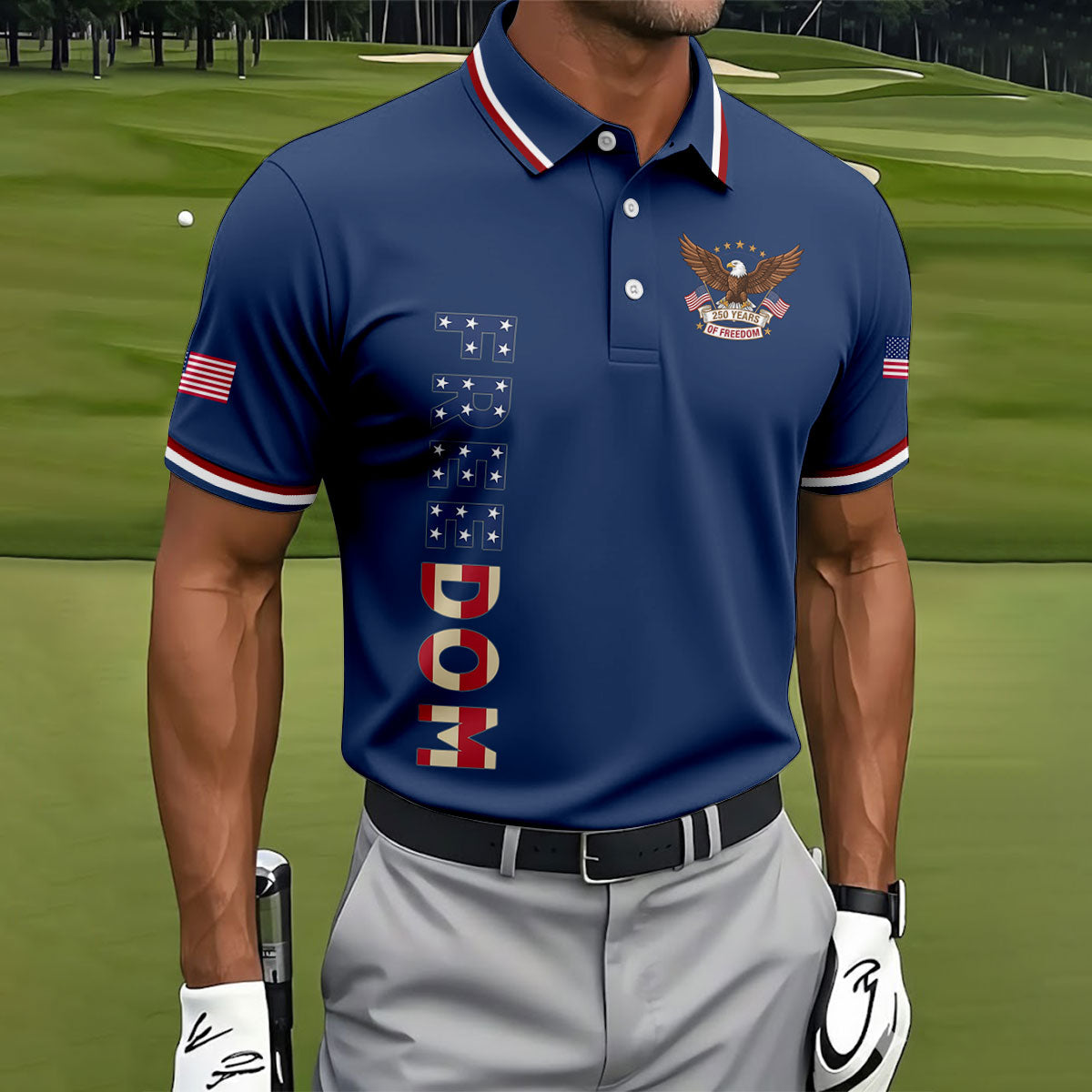 250 Years Of Freedom US Flag Logo Navy Golf Shirt, Patriotic 4th Of July Golf Shirts For Men