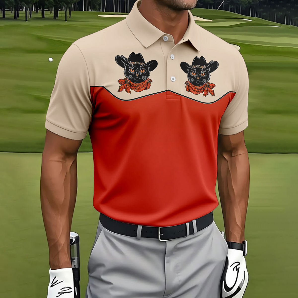 Red Western Cowboy Black Cat Golf Polo Shirt, Mens Golf Shirts, Polo Shirts For Men