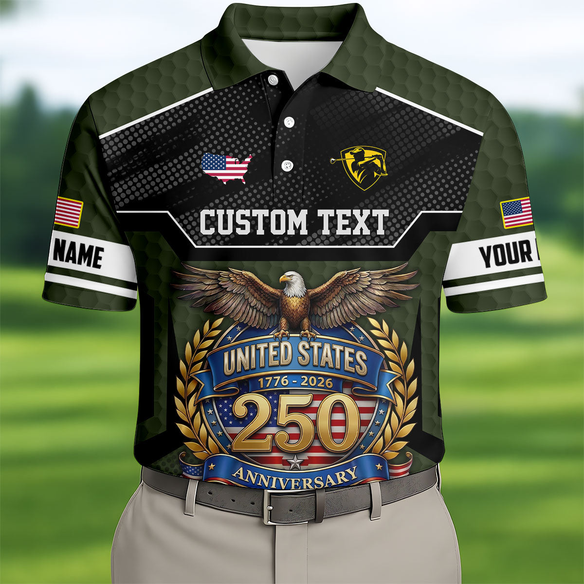 US 250 Anniversary Patriotic 4th Of July Green Golf Shirt, Polo Shirts For Men, Golf Shirts For Men