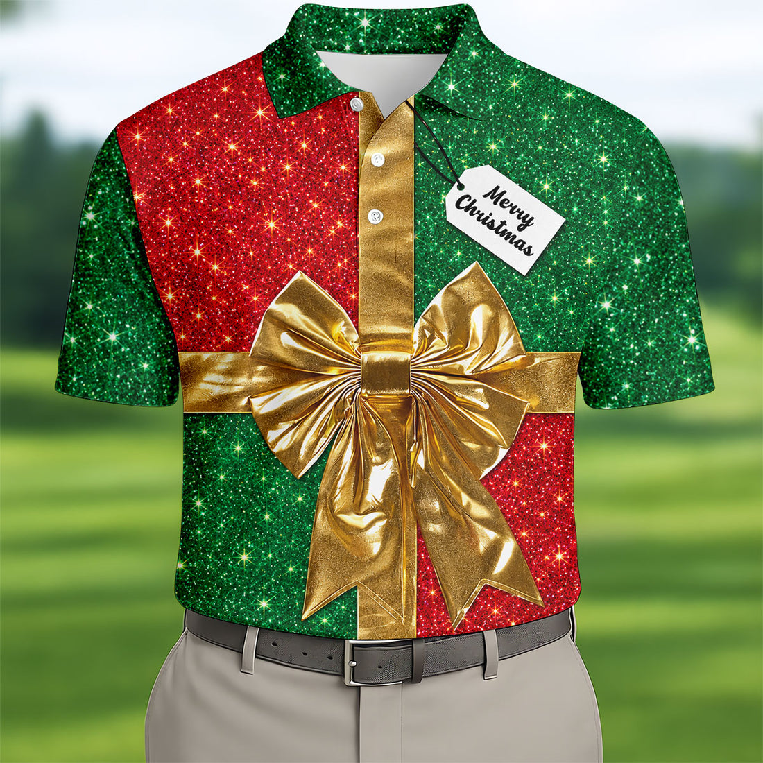 Merry Christmas Golden Gift Bow Golf Polo Shirt, Mens Golf Shirts, Polo Shirts For Men
