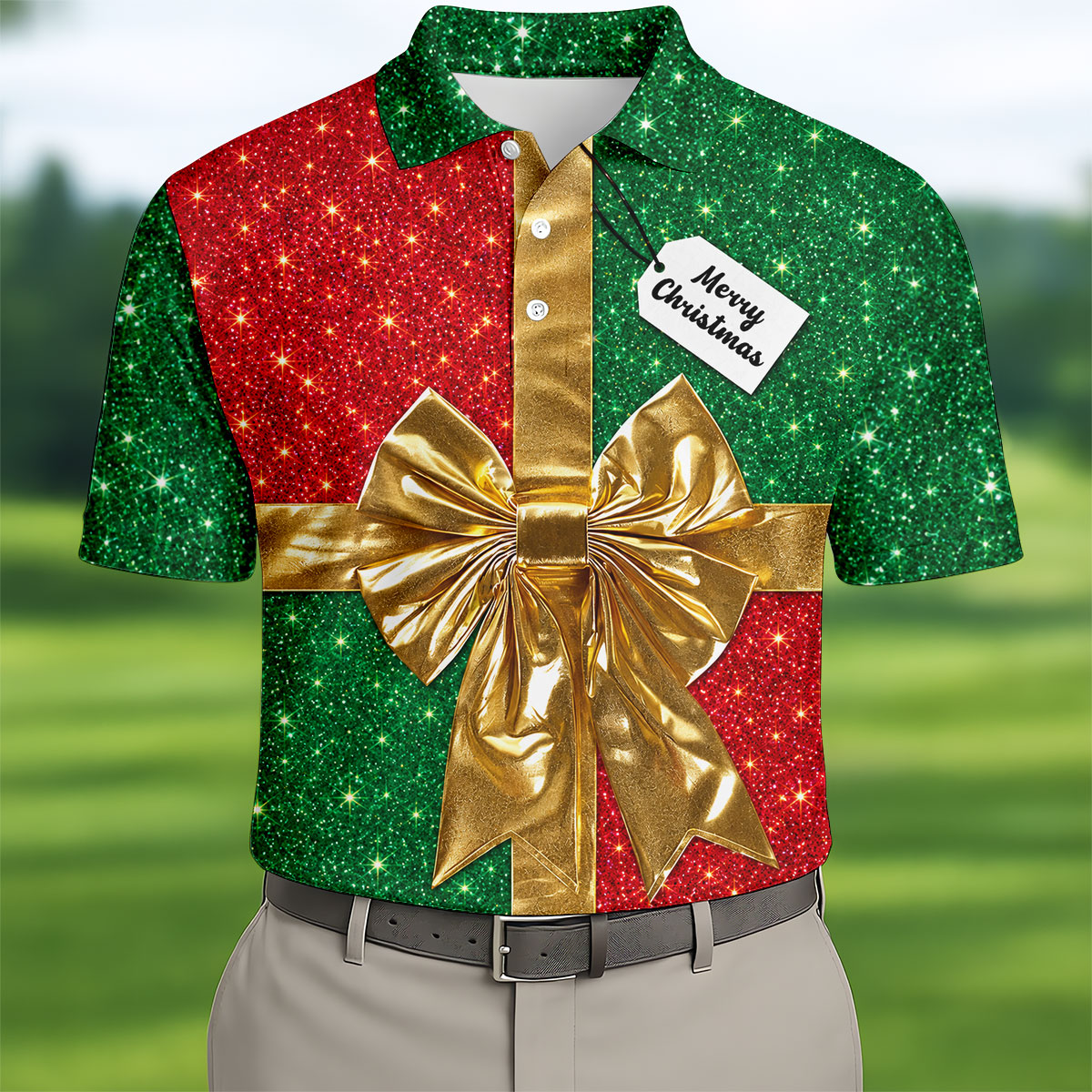 Merry Christmas Golden Gift Bow Golf Polo Shirt, Mens Golf Shirts, Polo Shirts For Men