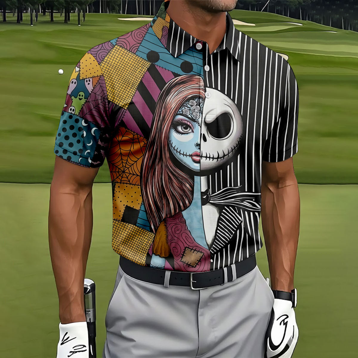 Half Sally And Jack Horror Character Golf Polo Shirt, Men's Golf Shirt, Printed Golf Shirts