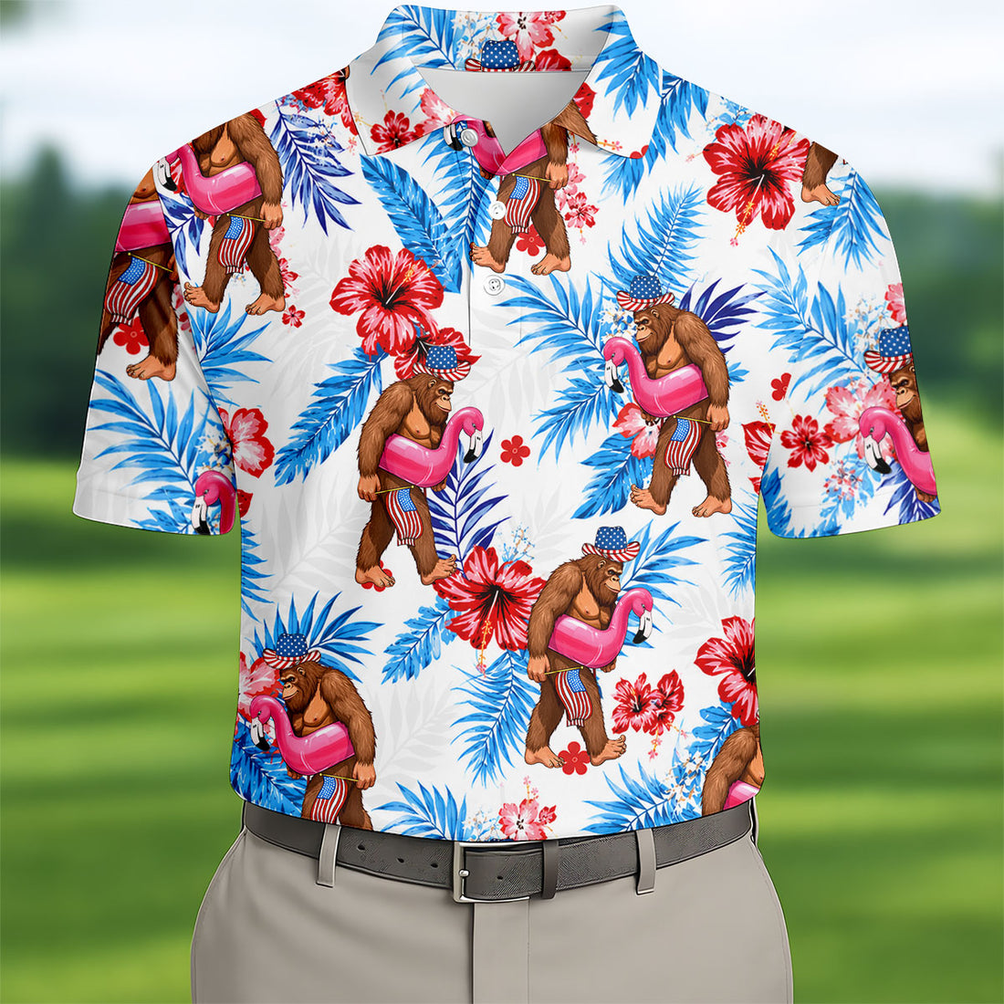 Bigfoot Flamingo Float Tropical Hawaiian Golf Shirt, Hawaiian Golf Shirt, Mens Golf Shirts