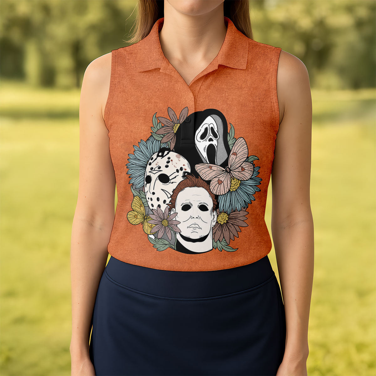 Floral Horror Mask Trio Halloween Golf Polo Shirt, Golf Tops For Women, Printed Golf Shirt
