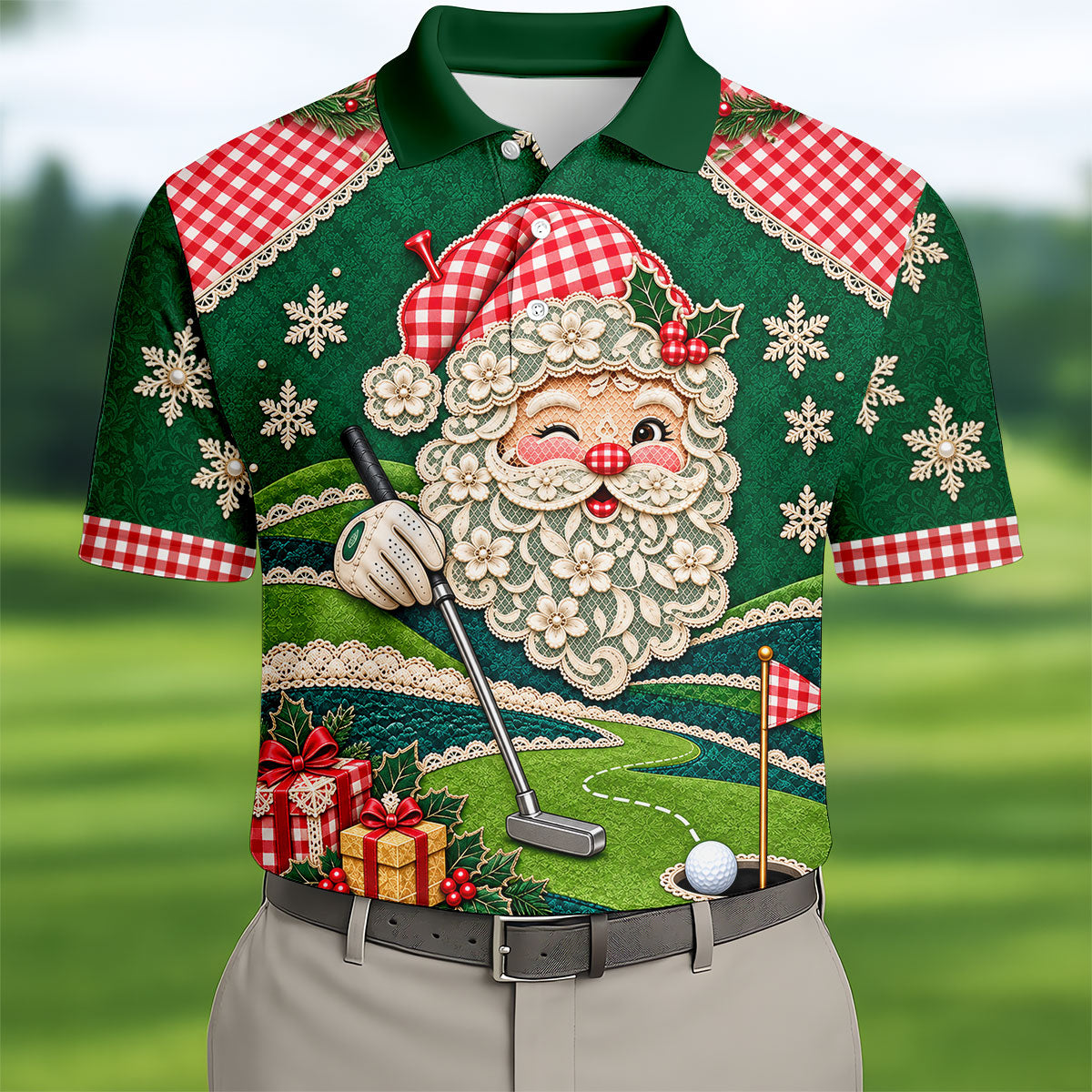 Christmas Winking Santa Golf Polo Shirt, Christmas Golf Shirt, Mens Golf Apparel
