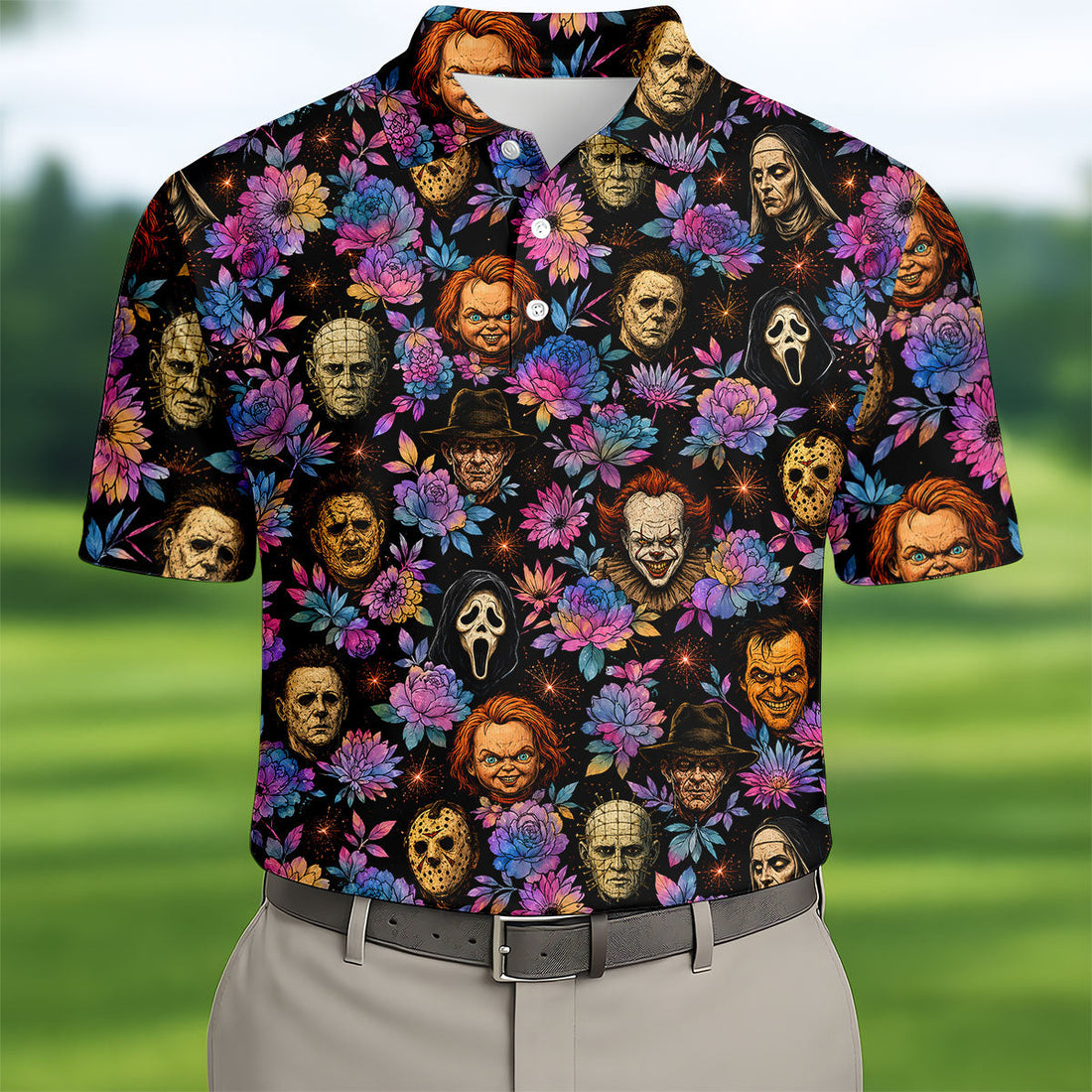 Floral Horror Character Halloween Golf Shirt, Golf Shirts For Men, Mens Golf Apparel